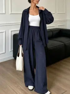 Two piece set of women's fashionable, high-end, relaxed, Casual, plain textured long sleeved shirt+high waist wide leg pants set, suitable for all seasons, suitable for short trips, exploring stores, shopping, daily home, workplace, commuting