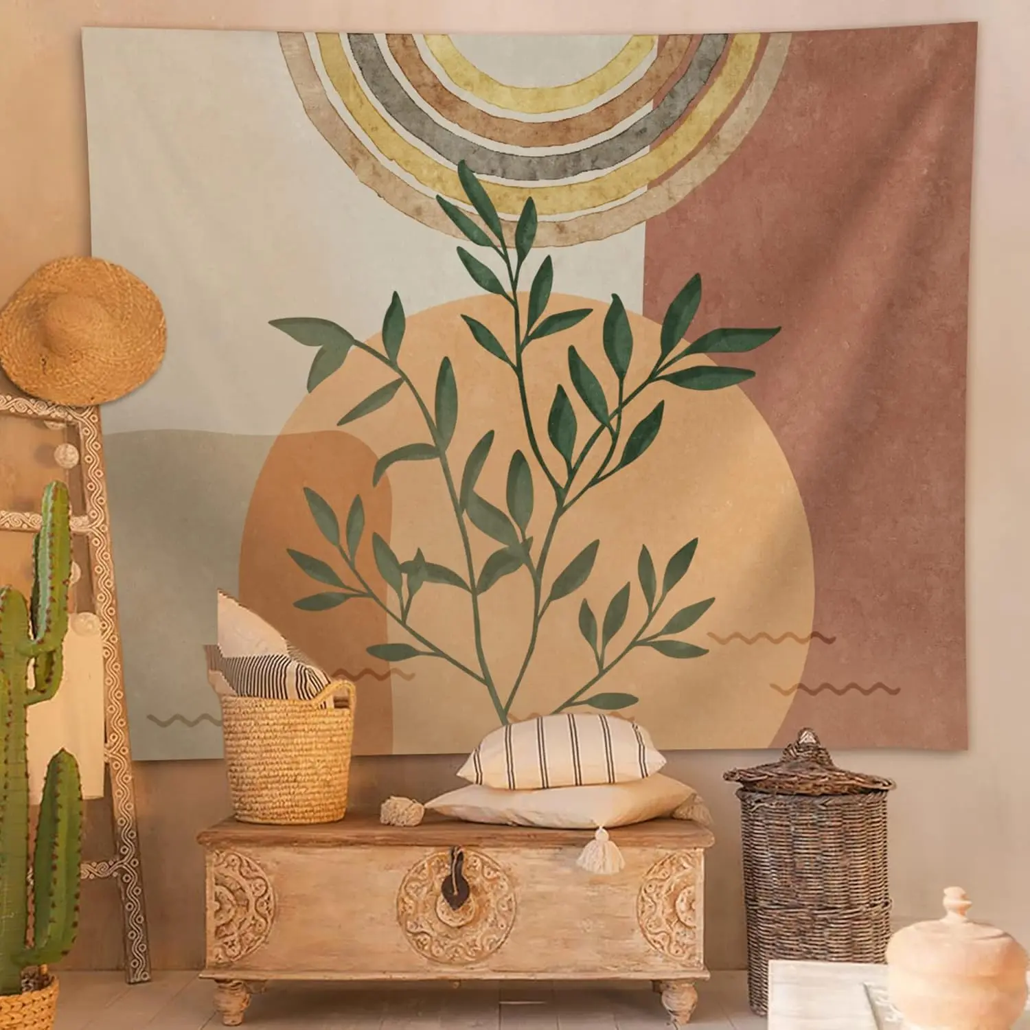 Boho Plant Art Tapestry,retro Plants Tapestry Sunset Landscape Abstract Aesthetic Wall Bedroom Living Room Decor College Dorm Wall Hanging Decoration
