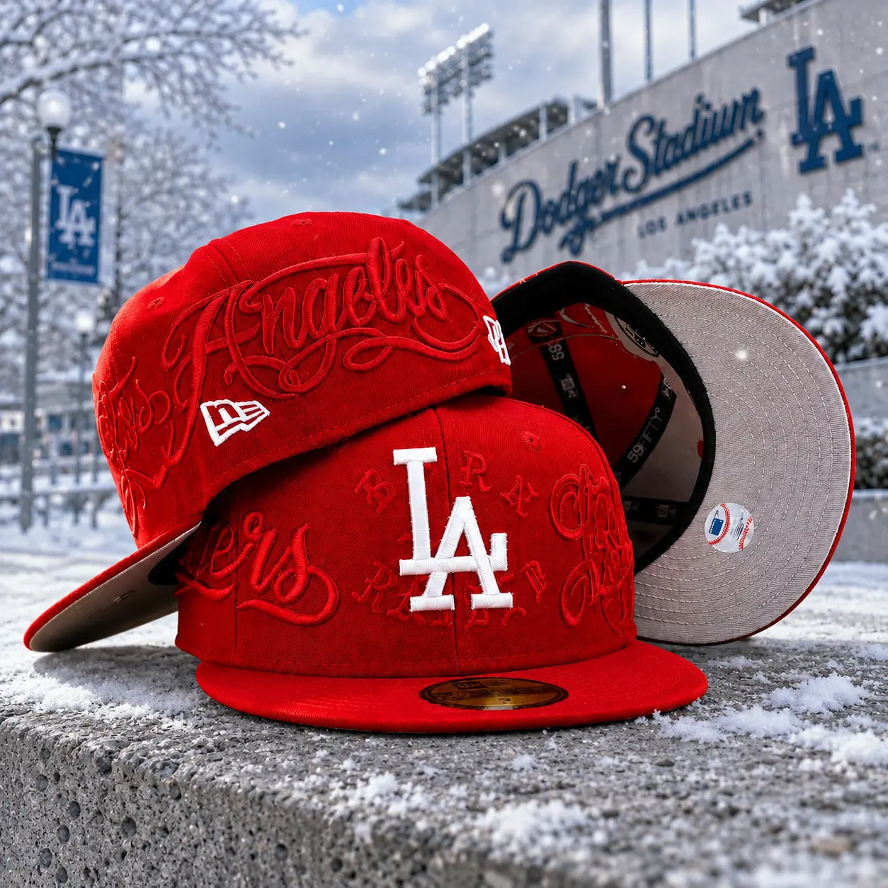 LA Red Fitted Baseball Hat – Los Angeles All Over Embroidered Flat Brim Cap with White LA Logo, Urban Streetwear