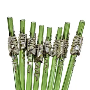Facehugger Glass Straw - Reusable Sci-fi Inspired Hand Blown Emerald Green Straw with Flamework Caramel Alien Xenomorph Design Classic Heat Resistant Drinkware