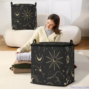 Black Starry Pattern Thickened Non Woven Handheld Storage Bag Extra Large Capacity Quilt Clothes Organizer Bag Durable Tear Resistant Portable Packing Sack For House Moving Wardrobe Storage Bedding Household Sorting summerwins