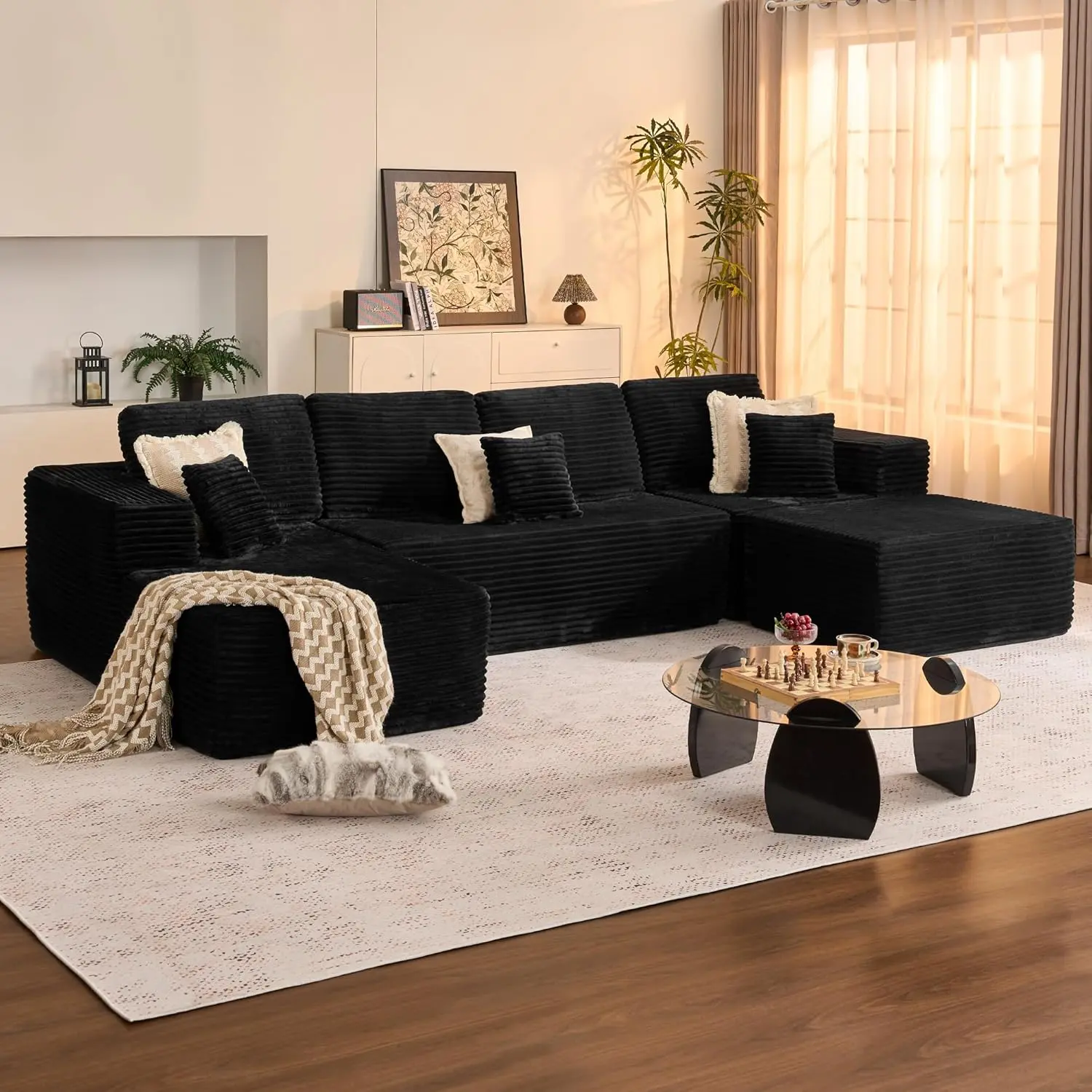 Black +7 pillows + movable ottoman