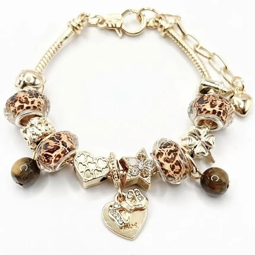 Leopard Print Charm Bracelets for Women, Stackable Copper Beaded Jewelry with Heart, Clover, Bow & Tiger Eye Charms, Bracelet Stacking, Charm Bracelet, Females