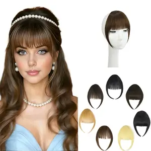 Clip in Curtain Bangs, 100% Real Human Hair Medium Brown Soft Layered Curved Fringe French Fake Bangs Hair Temples Hairpieces for Daily Wear