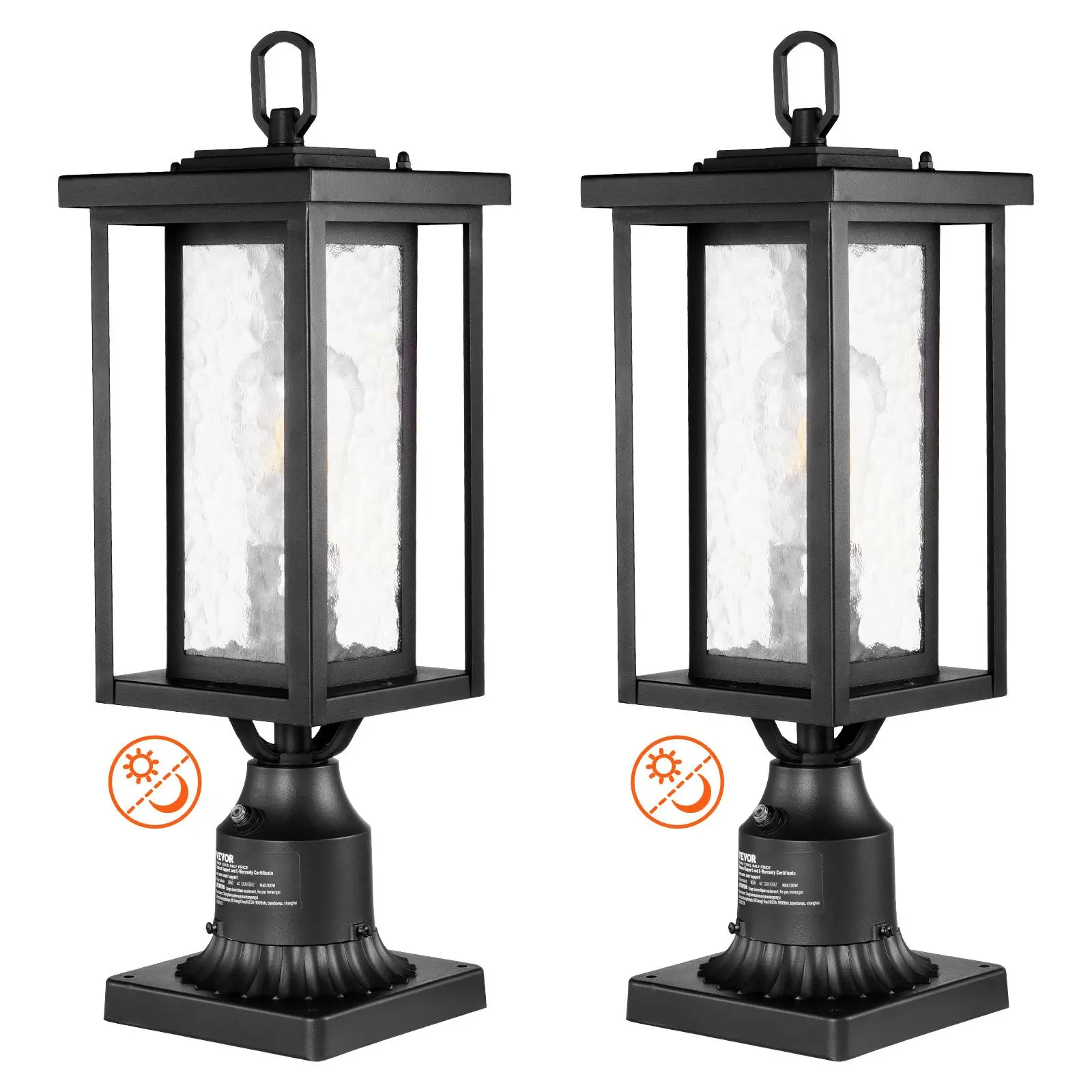 VEVOR 2-Pack Dusk to Dawn Outdoor Post Lights with Automatic Switch, 17.72in Waterproof Fixtures, 3.5in Pier Mount Base, Tempered Glass Shade, Lightning-Proof, AC Power Supply, 18+ Years Lifespan, Includes Batteries Screws Pedestal for Patio Driveways