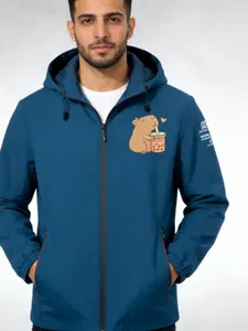 Men's Windproof Snow Jacket, Hooded Zipper Sportswear, Geometric Print, Large Pocket Design, All Seasons Outerwear