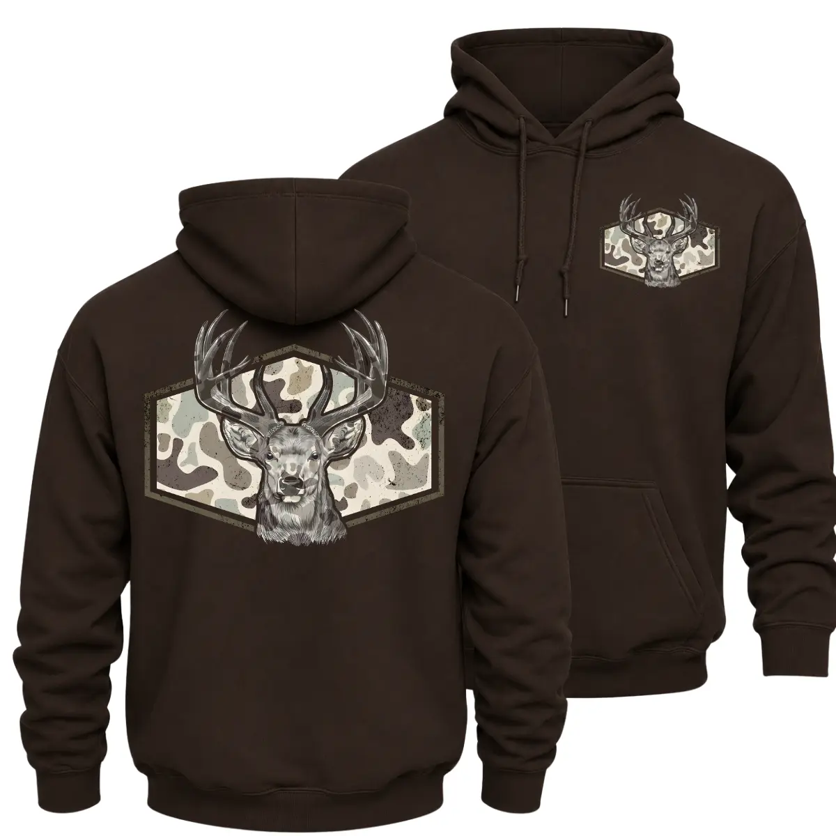 Deer Camo Hunting Hoodie, Whitetail Buck Graphic Hoodie, Antlers Camouflage Badge And Outdoor Deer Back Print, Front Chest Logo And Large Back Print Hoodie, Black Hunting Season Outfit Gift For Men And Women