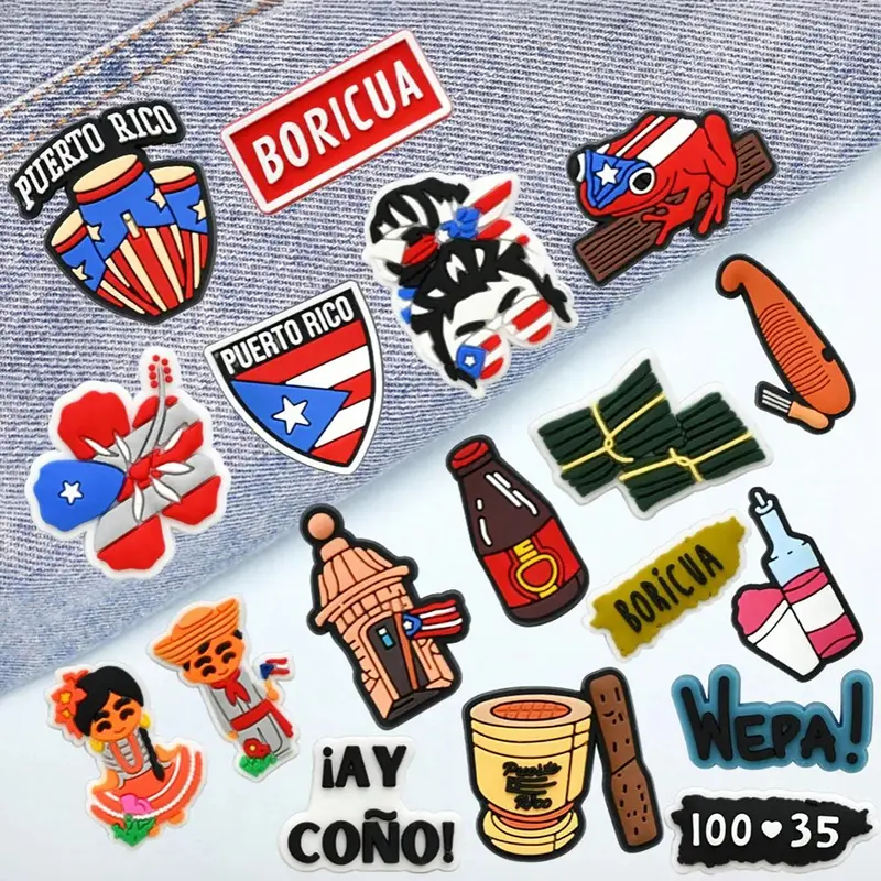 10pcs/10pcs/22pcs, Soft Plastic, Puerto Rico Flag PVC Shoe Charms, Cute Shoe Decorations, Cute Frog Flower Lighthouse Pattern DIY Shoe Accessories For Party Holiday Gift, Puerto Rico Themed Shoe Charms, Shoe Charms Set