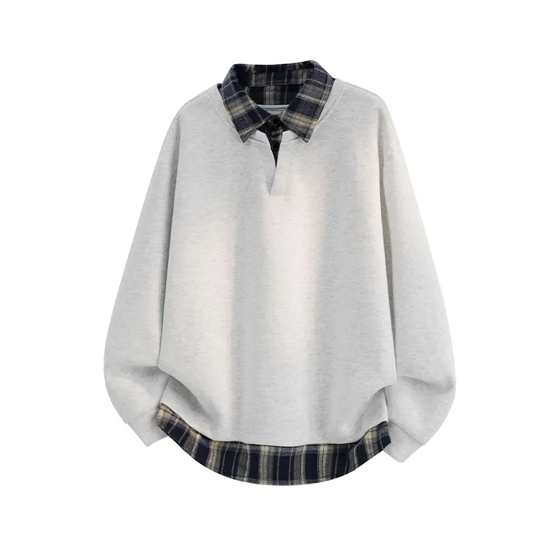Men Fall Winter Fake Two Piece Plaid Collar Polo Sweatshirt, Cotton Polyester Blend Oversized Long Sleeve Layered Pullover Top, Niche Preppy Vintage Streetwear Shirt for Daily Campus Commute Outfits