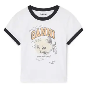 GANNI Cropped Kitty T-shirt (Bright White)
