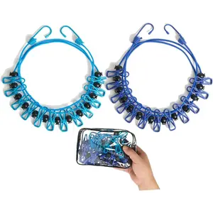 2 Pack Retractable Portable Clothesline, Windproof Clothes Line for Outdoor Camping, Travel, Laundry Drying with 12 Clips for Cruise, Hotel & Home-Sapphire Blue & Sky Blue