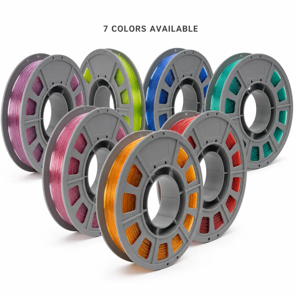7 Pack Translucent Silver Shimmer PETG 3D Printing Filament Set, 1 Spool of Each of 7 Colors, 300g Mini Test Spool Each, 1.75mm ±0.02mm, Built-in Silver Flecks, Low Warpage, Perfect for Luminous Transparent Decor Prints