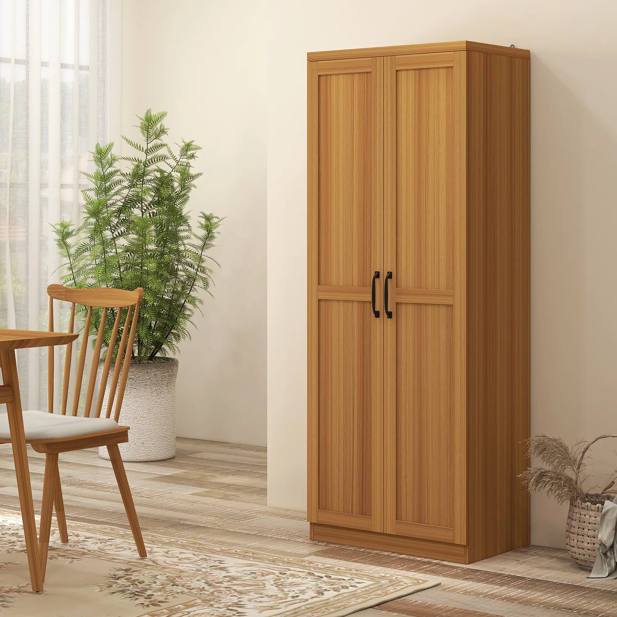 63" Freestanding 2-Door Kitchen Pantry Cabinet in Cinnamon Teak Wood Grain – Features 2 Adjustable Shelves for Customizable Storage – Versatile Tall Cupboard for Organizing Dry Goods, Canned Foods & Small Appliances – Perfect for Kitchen Corners