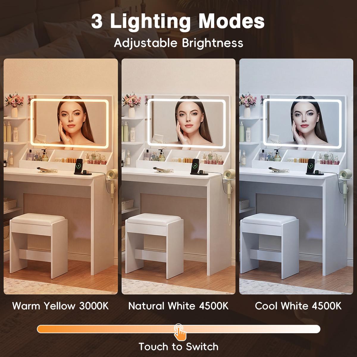 FURMAX Corner Makeup Vanity Desk with Lights and Mirror, 47" L Shaped White Vanity Set with Cushioned Stool& Charging Station, , 5 Drawer, Adjustable 3 Lighting Mode, Bedroom Large Dressing Table