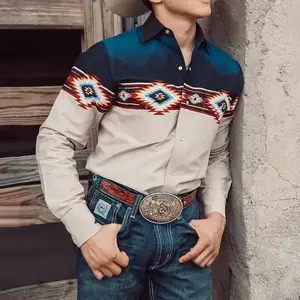 Men's shirt Western denim trend retro youth men's punk digital print double pocket style Casual Long Sleeve