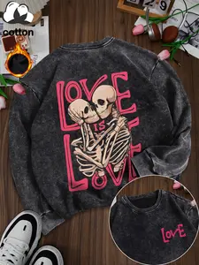 Cotton clothing, Halloween distressed skull pattern letter print, casual retro washed cotton long-sleeved pullover, round neck casual sports women's pullover sweatshirt, autumn and winter plus velvet women's clothing