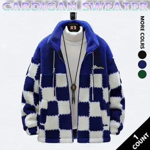 Men's Stylish Winter Warm Polyester Jacket with Cashmere Lining Regular Fit Machine Washable Casual Sportswear Checkerboard Fleece Hoodie Long Sleeve for Cold Weather