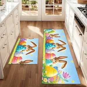 2Pcs Three Rabbits Easter Floor mat set including farmhouse kitchen Rug dining room flooring laundry room decorative carpet mat