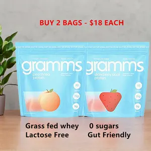 Gramms 100% Grass Fed Whey Protein Isolate Powder, 18 Servings per Bag, 80 Calories, Strawberry acai & Peach tea Flavors, Gut-friendly Formulation, Sugar & Lactose Free, 16.37oz, 20g Protein per serving