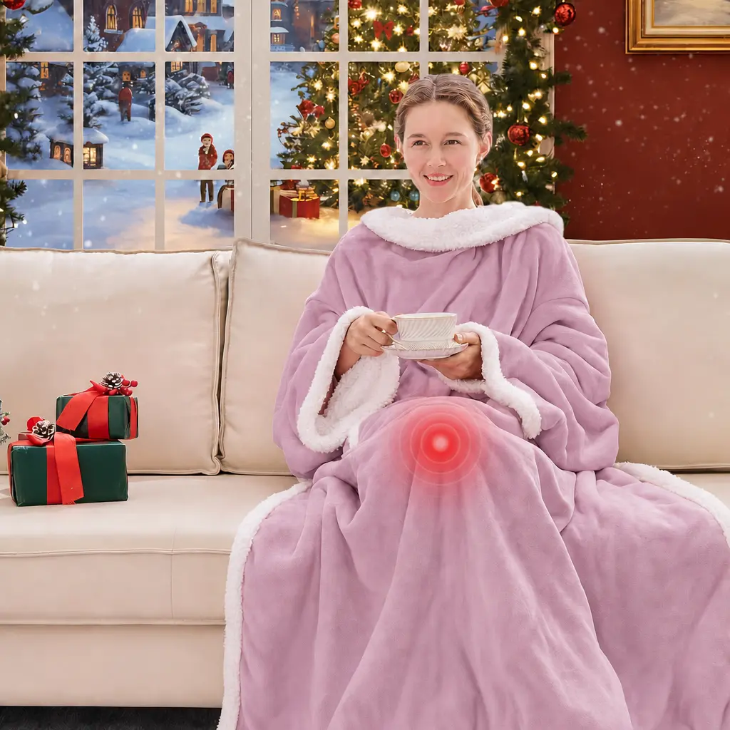 JOLLYVOGUE Wearable Heated Blanket,Pink - Heating Electric Blanket with Sleeves & Foot Pocket, Heated Throw for Adult, Birthday Gifts with 7 Heat Settings & Fixed 4h Auto Shut-Off (50 * 70 Inch)