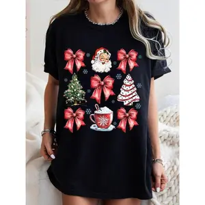 Women's Christmas Themed Print Round Neck Tee, Casual Short Sleeve Crew Neck T-shirt for Summer, Fashion Women's Top for Daily Wear