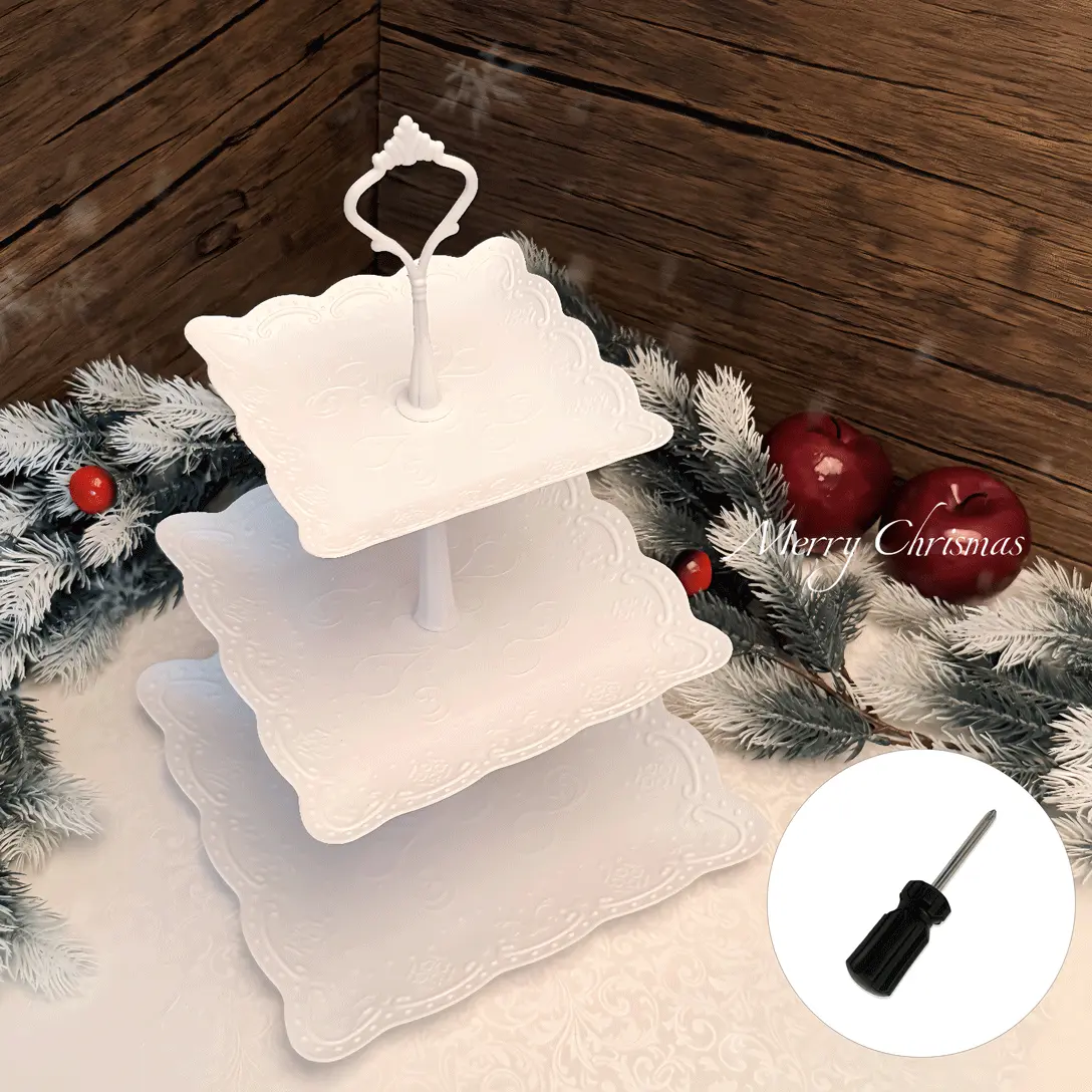 Sebastian CADIA 3-Tier Square White Embossed Plastic Cupcake Stand - Dessert Stand, Cupcake Serving Tower, Durable Tray for Fruit - Festive Party Decor for Weddings, Baby Showers, Dessert Stands