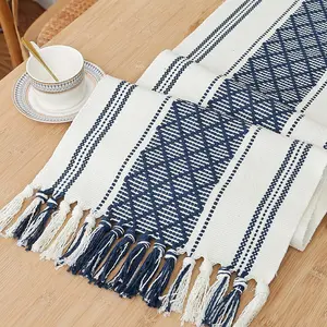 Rustic Table Runner with Tassels, Blue and White Bicolor Woven, Washable, 14"x72",  for Entryway, Dining Room, Kitchen, Weddings, Holidays, and Party Decor