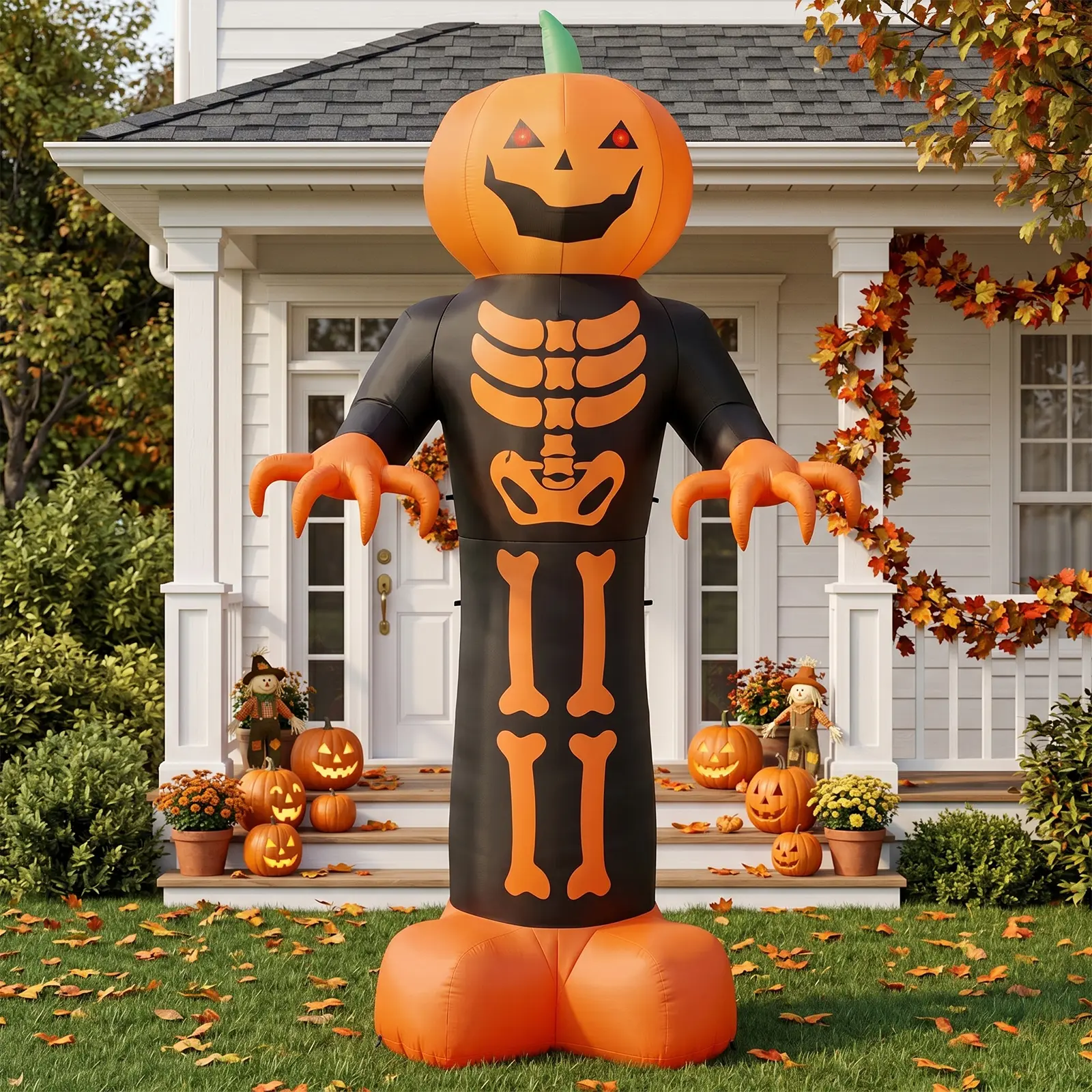 Ubesgoo 12FT Ribbed Pumpkin Reaper 3 LED Lights 115 Bead String Lights Black and Orange Halloween Inflatable Decoration