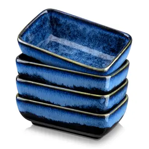 vancasso Stern 6 Oz Dipping Bowls, 3.7 Inches Ceramic Soy Sauce Dish, Square Side Dishes, Small Appetizer Plates Set of 4, Blue/Green Tableware