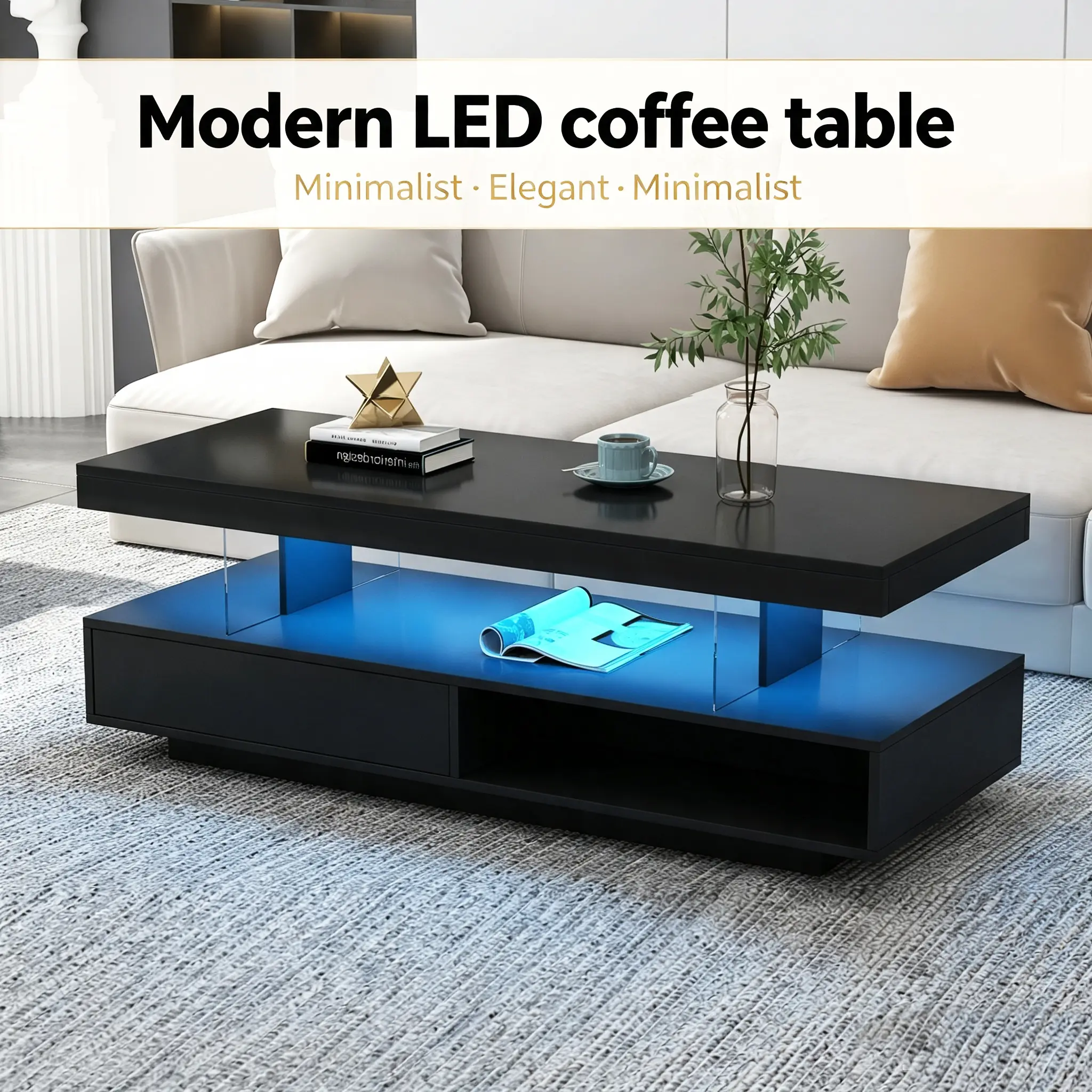 LED Coffee Table with Storage, RGB Modern Center Table with 2 Drawers & Display Shelves, Glowing Accent Furniture for Living Room, Black double layer large rectangle