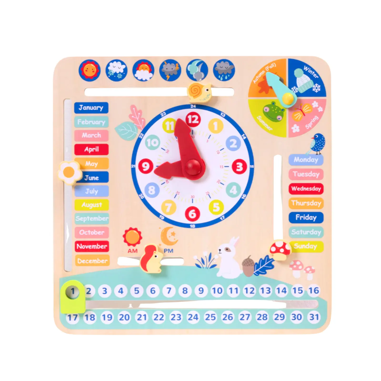 Montessori Wooden Learning Clock for Kids, Educational Time Teaching Toy, Calendar Weather & Seasons Activity Board for Preschoolers