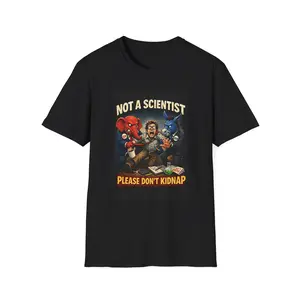 Men's Ribbed Short-Sleeve Round Neck Cotton T-Shirt - Breathable, Elastic, Casual Menswear Tee with "Not a Scientist Please Don't Kidnap" Slogan, Scientist Cartoon (Pair with Jeans, Jackets)