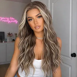 SMILCO 26 Inch Long Wavy Wig for Women, Lace Front Synthetic Wig, Brown Blonde Highlight Wig, Heat Resistant Middle Part Wig SM9693M