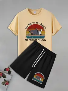 Men's Graphic Print Short Sleeve Tee & Shorts Two-piece Set, Casual Round Neck T-shirt & Shorts, Men's Summer Clothes
