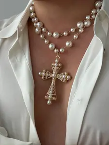 Men's Fashion Hip Hop Style Cross Pendant Necklace Set, 2pcs Abs Imitation Pearl Beaded Chain, Layered Collarbone Jewelry Accessory