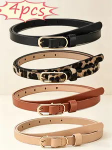 4pcs Adjustable Waist Belt for Women, Buckle, Leopard Pattern, Casual Style, Synthetic Leather, All Seasons, Leopard Print Belt