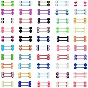 100Pcs 14G Acrylic Tongue Rings, Multi Color Assortment Flexible Tongue Rings Barbells Mix Piercing
