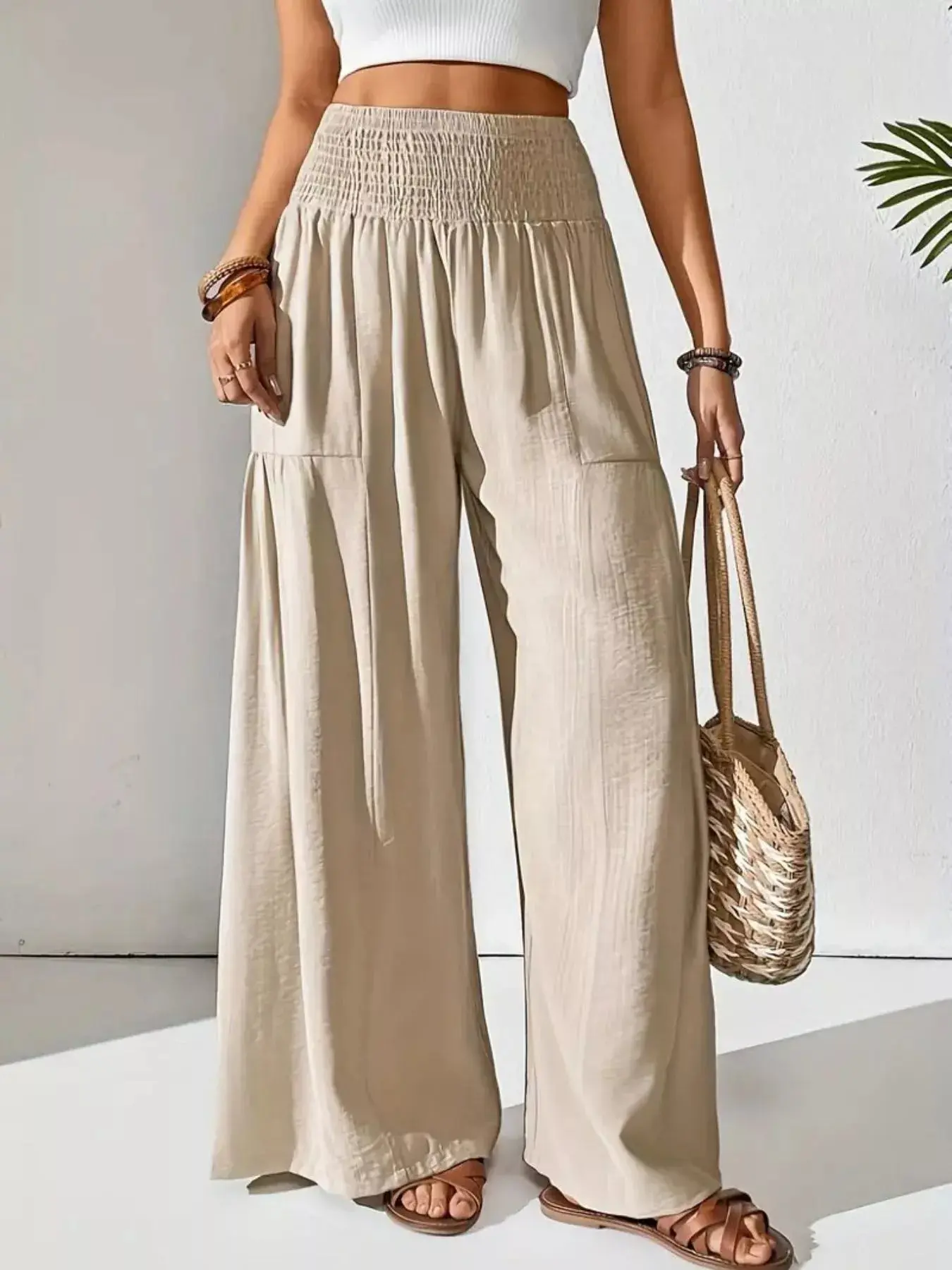 Smocked Waist Wide Leg Pants