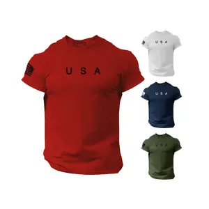 USA Flag Men T Shirt American Tee Patriotic Gym 100% Cotton Casual Crewneck