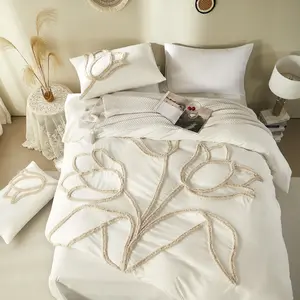 Tulip pattern Duvet Cover Set, Boho Tufted Comforter Sets with Zipper Closure, Including1 Duvet Cover & 1/2 Pillowcase without Filler, Soft Comfortable Bedding Set for Home Bedroom, Breathable Duvet Set