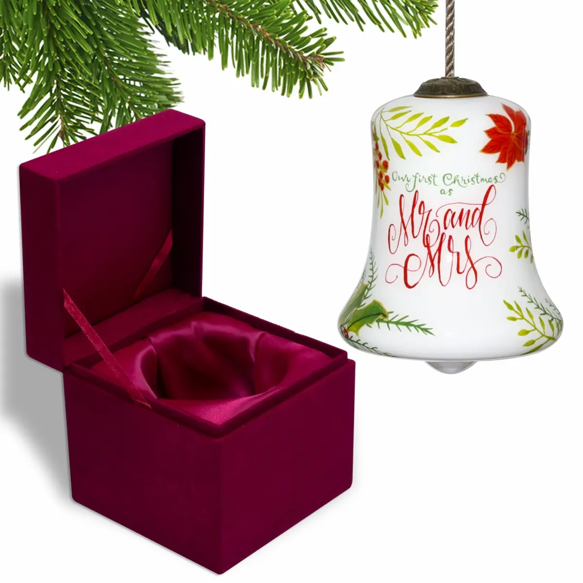 360 stand Hand-Painted Mouth-Blown Bell-Shaped Glass Ornament, Mr. & Mrs. Our First Christmas Theme, Multi-Color Handmade Hanging Ornament, Festive Home Christmas Tree Decoration, Handmade Ornament