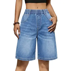 Yousify Womens Bermuda Jean Shorts Elastic Waisted Long Denim Short Knee Length Baggy Jeans Jorts