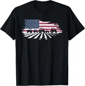 Cotton Graphic Tees Streetwear Agriculture Farm Tractor USA Flag Tractor American Farm T-Shirt