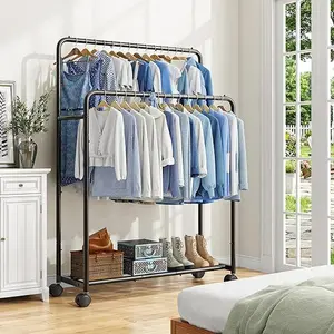 Clothes Rack for Hanging Double Rods with Wheels