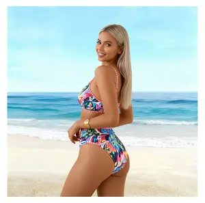 Women's Bikini Swimsuit - Colorful Leaf Print Triangle Two Piece Bathing Suit - Stylish Summer Beach Swimwear for Women - Adjustable Tie Sides - Quick Dry