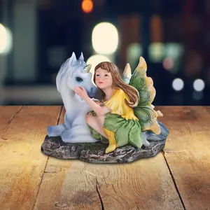 5"W Green/Yellow Fairy with Unicorn Statue Fantasy Decoration Figurine