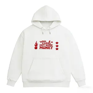 Oversized Printed Hoodie Sweatshirt for Men/Women, This is a red graphic slogan WHO CARES GET SOME MONEY with flame and star decor. Perfect For Festival Gifting