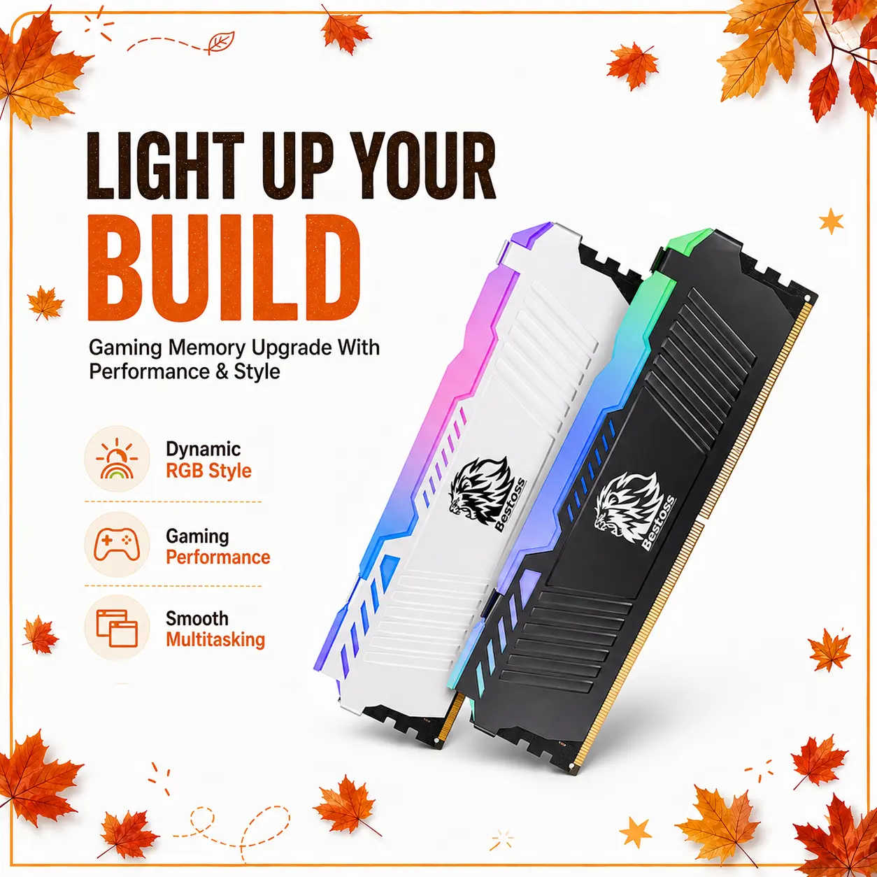 Bestoss RGB DDR4 Gaming RAM Stick Desktop U-DIMM DRAM - 8GB/16GB, 3200MHz, XMP 2.0 Compatible, Faster Loading Times, High-Speed Performance, Smooth Multitasking, Stable Performance, LED Lights, Black Friday