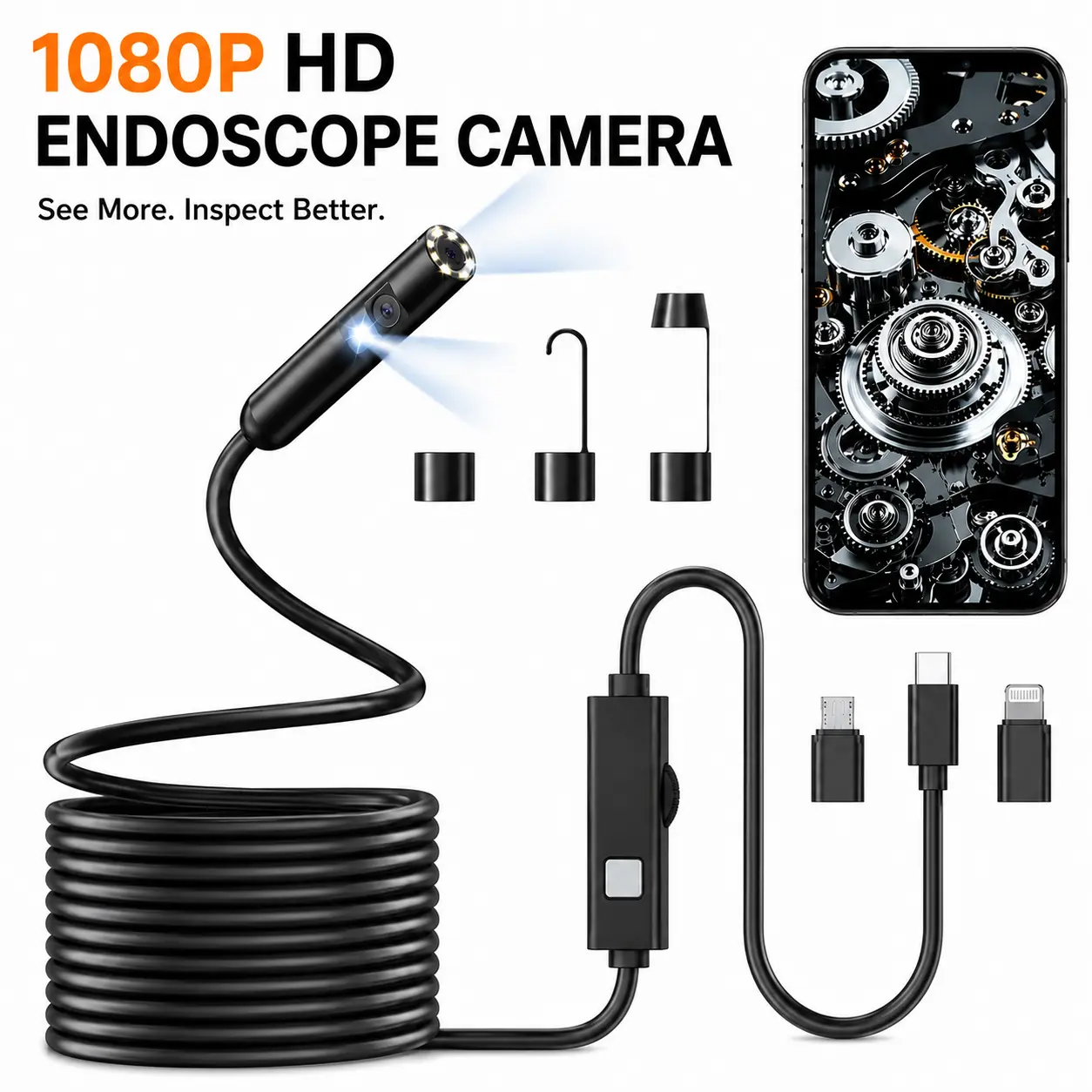 Dual-Lens HD Endoscope Camera with Light for Car Borescoping, 1920P HD Video Borescope Tool with 8 Adjustable LED Lights, Semi-Rigid Snake Camera with Screen View for iOS and Android - 16.4ft