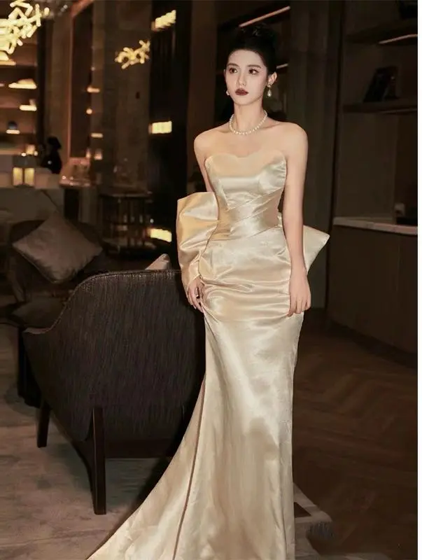 BRAND NEW : French satin light wedding dress high-end bow niche light luxury bride wedding out welcome evening dress annual meeting Fashion Maxi Sleeveless Womenswear Comfortable Elegance Fit Hip Party Piece